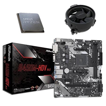 ASROCK B450M-HDV R4.0 DDR4 SATA3 M2 PCIe NVME HDMI DVI PCIe 16X v3.0 AM4 mATX + AMD Ryzen 5 5600G + AMD Orijinal Fan