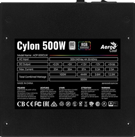 Aerocool 500W 80+ Cylon Serisi RGB Güç Kaynağı (AE-CYLNP500)