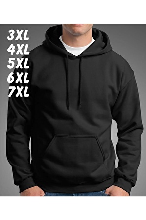 Büyük Beden Baskısız 3 Iplik Şardonlu Içi Pamuklu Siyah Hoodie Sweatshirt Kapüşonlu