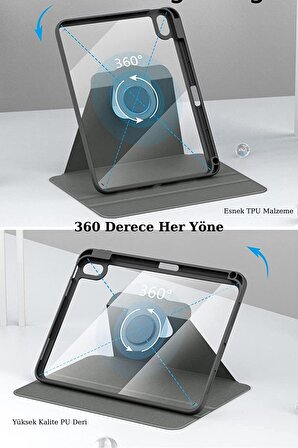 Apple iPad Air 10.9 2022 (5.Nesil) Uyumlu 360° Dönebilen Standlı Pino Tablet Kılıfı 