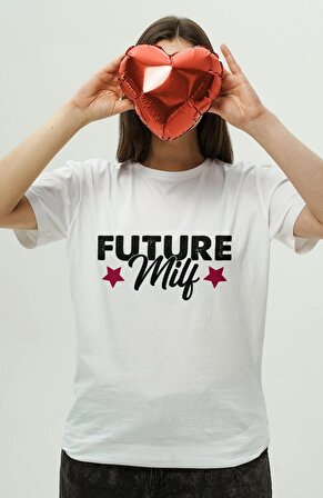 Kadın Oversize Future Milf Yazılı Beyaz Tişört, Yıldız Baskılı T-Shirt