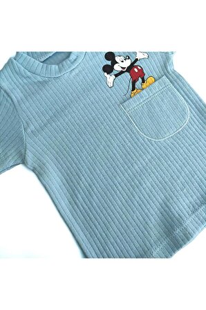 Miki Mouse Desenli Çizgili Yazlık Kısa Kol T-shirt Şort Badi Üçlü Kız & Erkek Bebek Takım