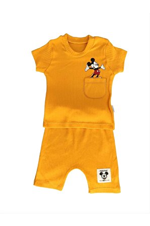 Miki Mouse Desenli Çizgili Yazlık Kısa Kol T-shirt Şort Badi Üçlü Kız & Erkek Bebek Takım