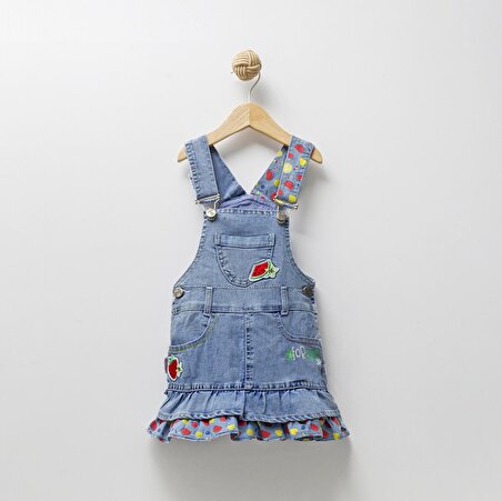 Çilek Nakışlı Fırfırlı Kız Çocuk Kot Jile Elbise