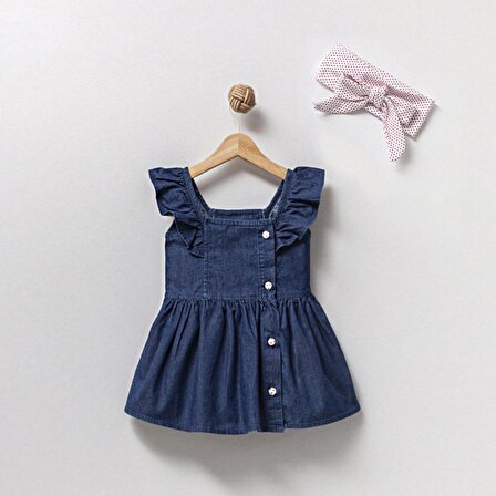 Kız Bebek Bandanalı Çiçek Nakışlı Kot Elbise
