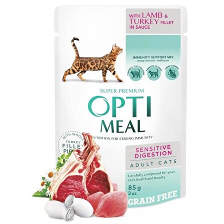 OptiMeal Sensitive Digestion Kuzu Etli Ve Hindili Tahılsız Kedi Konservesi 85gr