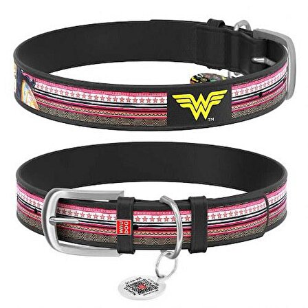 Waudog Collar QR Pasaportlu Deri Köpek Boyun Tasması, Siyah, 38-49 CM, Wonder Woman Desenli