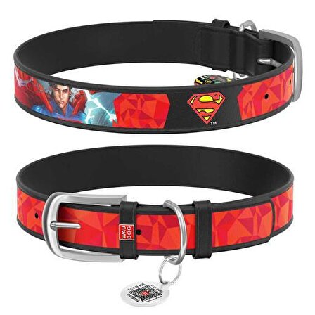 0015-1007-01 Collar Waudog Tasarım QR Pasaportlu Hakiki Deri Köpek Tasması, "Superman1" Tasarım, G 15 mm, L 26-35 cm Siyah