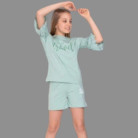 Kolları Güpürlü Yeşil Renk Şortlu Kız Çocuk Takım