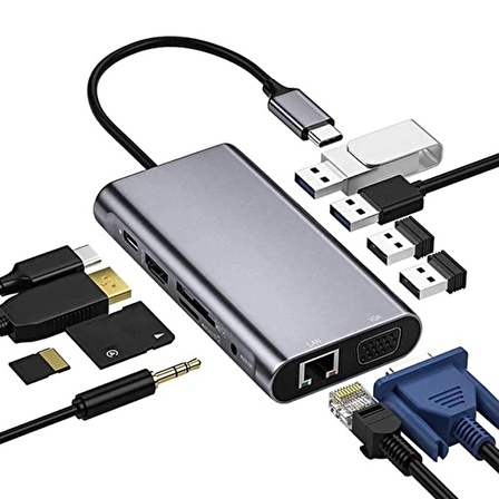 11in1 USB C HUB Type-C HDMI 4K Thunderbolt 3 Docking Station Laptop Adaptör AUX SD TF Kart RJ45 VAG