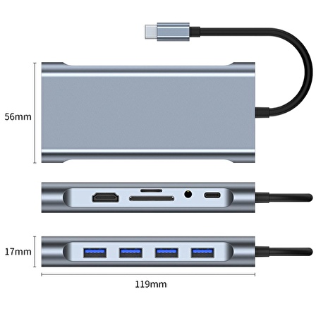 11in1 USB C HUB Type-C HDMI 4K Thunderbolt 3 Docking Station Laptop Adaptör AUX SD TF Kart RJ45 VAG