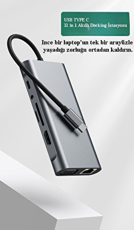 11in1 USB C HUB Type-C HDMI 4K Thunderbolt 3 Docking Station Laptop Adaptör AUX SD TF Kart RJ45 VAG