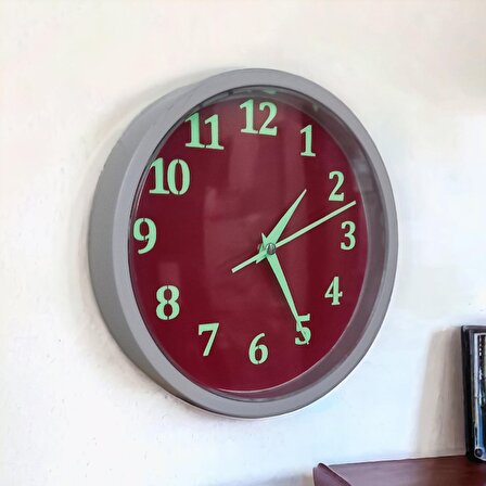Fosforlu Karanlıkta Gece Parlayan Kırmızı Beyaz Salon Mutfak Ofis Duvar Saati 22 cm