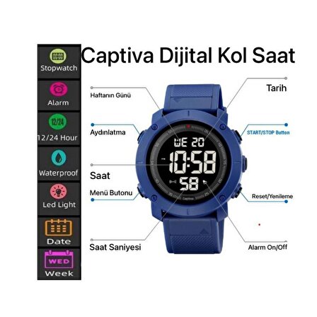 Captiva 30 mt Suya Dayanıklı Digital Alarm-Kronometre-Led Işık Spor Kasa Çoçuk Kol Saati CPT.X059