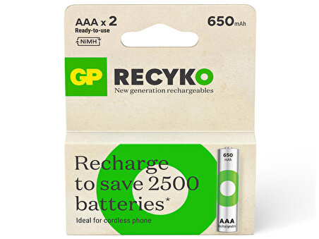 GP Batteries ReCyko 650 AAA İnce Kalem Ni-Mh Şarjlı Pil, 1.2 Volt, 2'li Kart