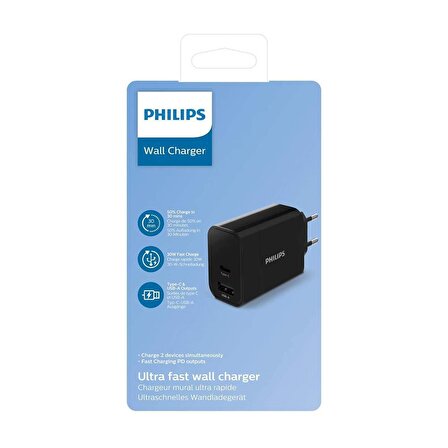 Philips DLP2621/12 USB-A Type-C 30W Şarj Adaptörü Siyah