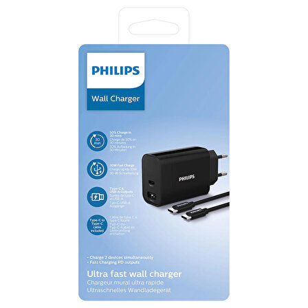 Philips DLP2621C USB-A ve USB-C Bağlantısı Type-C Kablolu Duvar Şarj Adaptörü-DLP2621C/12