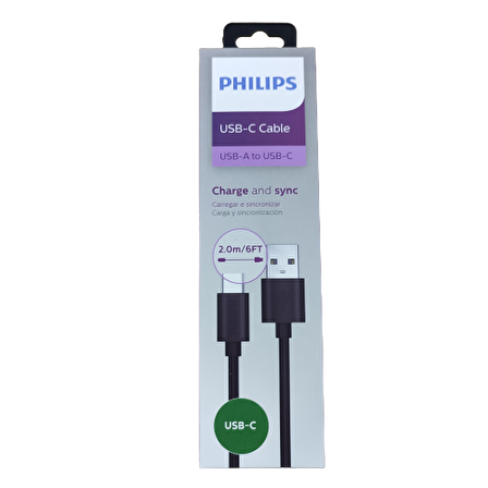 Philips DLC3106A USB-A Type-C Şarj Kablosu 2m Siyah