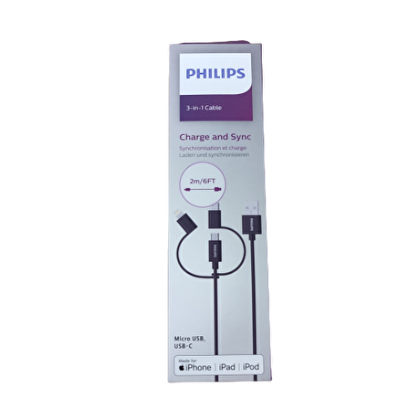 Philips MFİ Apple Lisanslı DLC3106T 3in1 Micro Usb-Lightining-Type-C Şarj ve Data Kablosu 2m Siyah