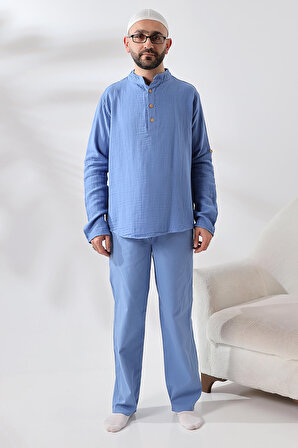 Erkek Gömlek Pantolon İkili Takım Hac Umre Kıyafeti Mavi