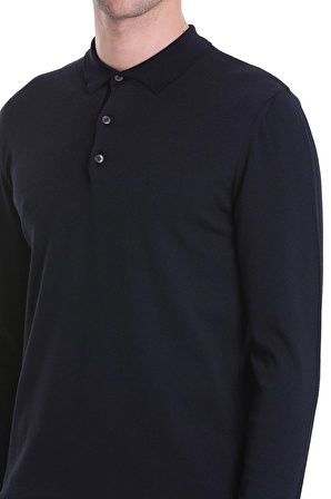 Lacivert Regular Fit Düz Polo Yaka Yünlü Triko Kazak | L