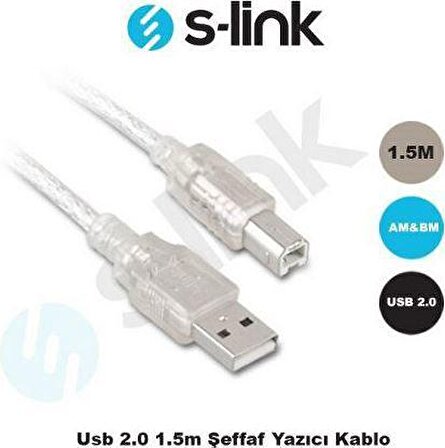 S-Link Usb2.0 1.5M Şeffaf Yazıcı Kablosu
