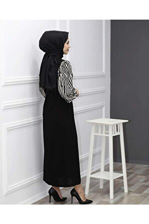 Zebra Desenli Uzun Boy Tesettür Elbise - Siyah