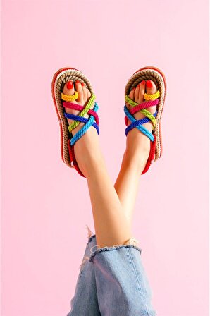 Kadın Renkli Halat İpli Kalın Tabanlı Kadın Sandalet