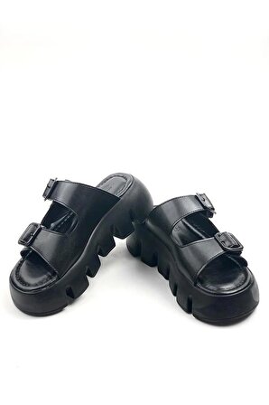 Kadın Sero Siyah Çift Bant Kalın Taban Ortopedik  Sandalet Terlik