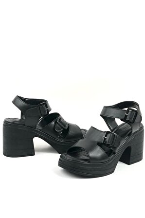 Kadın İbiza Siyah Ortopedik İç Taban Platform Topuk Sandalet