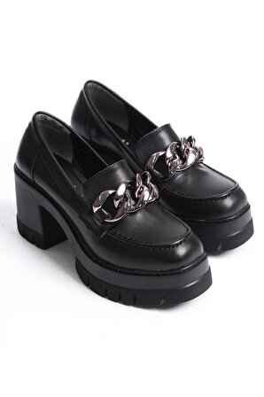 Kadın Guzi Siyah Rugan Zinçir Tokalı 8 cm Topuklu Platformlu Ayakkabı