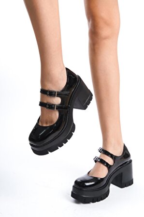 Kadın Arzi Siyah Rugan İki Baletli 8 cm Topuklu Platformlu Ayakkabı