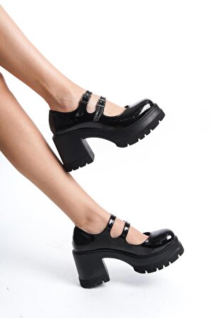 Kadın Arzi Siyah Rugan İki Baletli 8 cm Topuklu Platformlu Ayakkabı