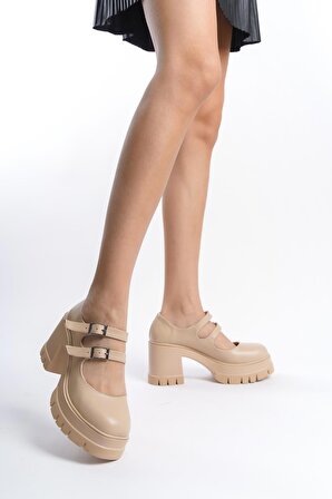 Kadın Arzi Ten Cilt İki Baletli 8 cm Topuklu Platformlu Ayakkabı