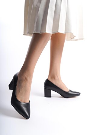 Kadın Camila Sitah Deri 6 Cm Kalın Topuklu Hafif Sivri Burunlu Klasık Ayakkabı