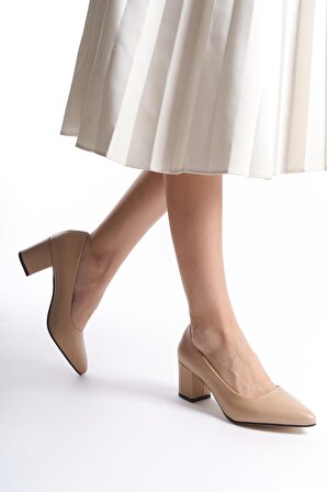 Kadın Camila Ten Cilt 6 Cm Kalın Topuklu Hafif Sivri Burunlu Klasık Ayakkabı