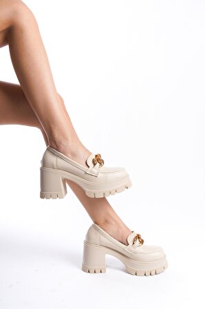 Kadın Guzi Krem Cİlt Zincir Tokalı 8 cm Topuklu Platformlu Ayakkabı