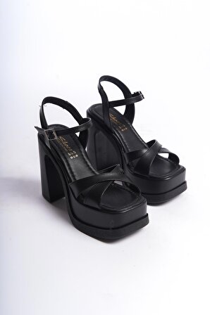 Kadın Keyli Siyah Cilt  Çapraz Bantlı (12 cm ) Platform Topuklu Ayakkabı