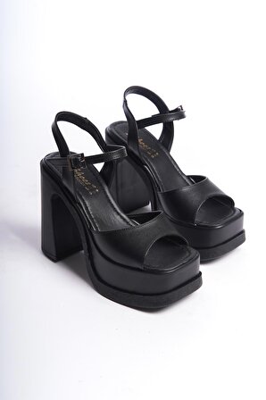 Kadın Lenisi Siyah Cilt Tek Bantlı (12 cm ) Platform Topuklu Ayakkabı
