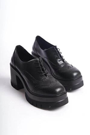 Kadın Dianai Siyah Cilt Carık Model 8 cm Topuklu Platformlu Ayakkabı
