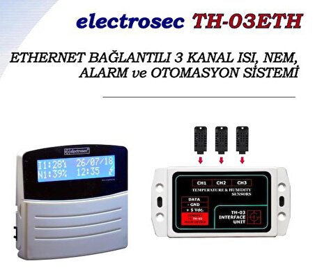 Electrosec TH-03 ETH Web Tabanlı 3 Kanal Isı, Nem ve Alarm Takip Sistemi +1 Prob + 16V Adaptör