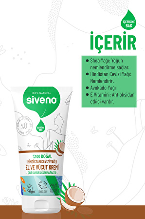 Siveno %100 Doğal El Ve Vücut Kremi Hindistan Cevizi Avokado Yoğun Nemlendirici Onarıcı Vegan 50 ml