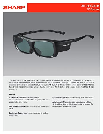 Sharp AN-3DG20B Aktif 3D Şarjlı Gözlük