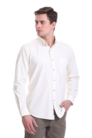 Bej Slim Fit Düz 100% Pamuklu Düğmeli Yaka Uzun Kollu Klasik Gömlek | L