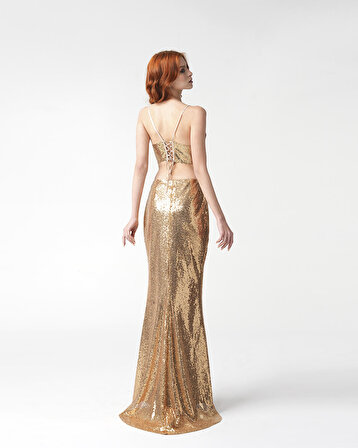Kadın Gold Balık Model Kuyruklu Uzun Payet Etek