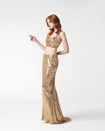 Kadın Gold Balık Model Kuyruklu Uzun Payet Etek