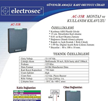 Electrosec AC-35R Rfid Bağımsız Kart Okuyucu