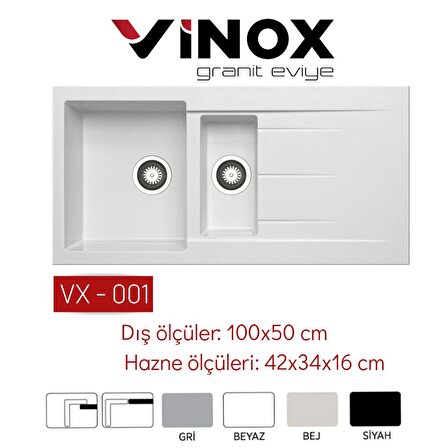 Vinox Beyaz 1,5 Göz Granit Eviye 50x100 Cm Vx-001