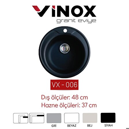 Vinox Siyah Yuvarlak Granit Eviye 48 Cm Vx006