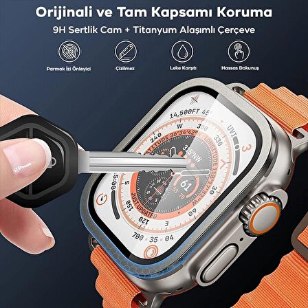 Polham 9H Titanyum Alaşımlı Çerçeveli Ful Kaplama Apple Watch Ultra 49MM Ekran Koruyucu, Hafif ve Tam Uyumlu